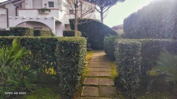 Villetta a schiera con vialetto in pietra e siepi verdi
